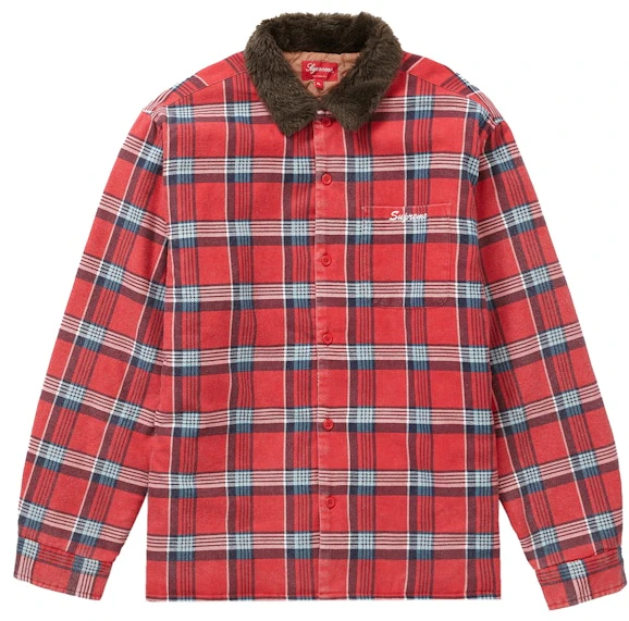 supreme-faux-fur-collar-flannel-shirt-red