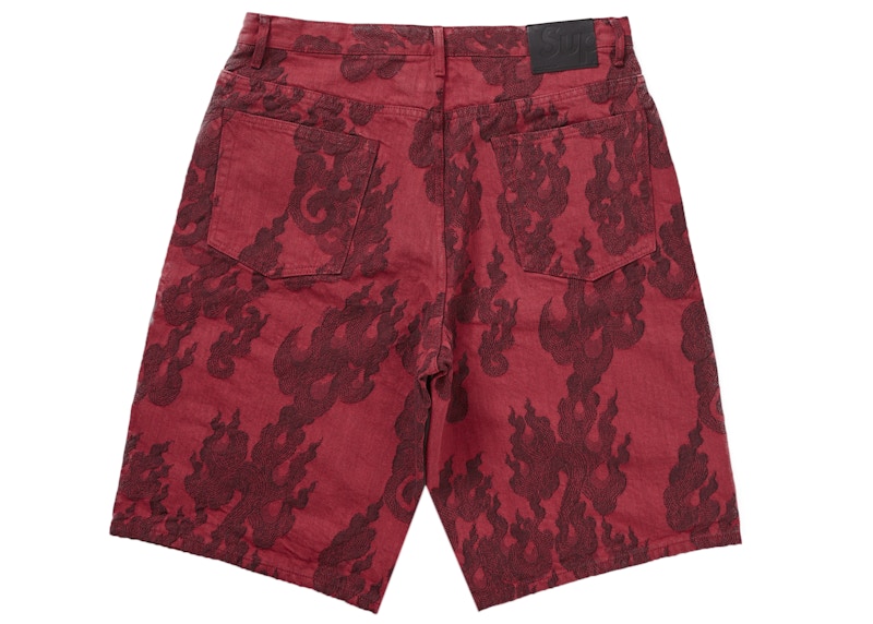 Supreme Flames Jacquard Baggy Denim Short Washed Red 圖 2