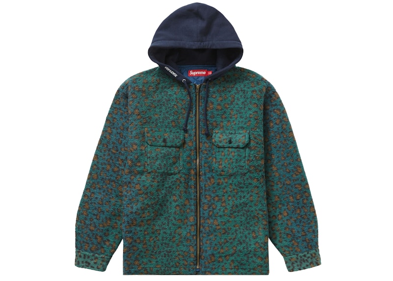 Supreme Fleece Zip Up Hooded Shirt Teal Leopard