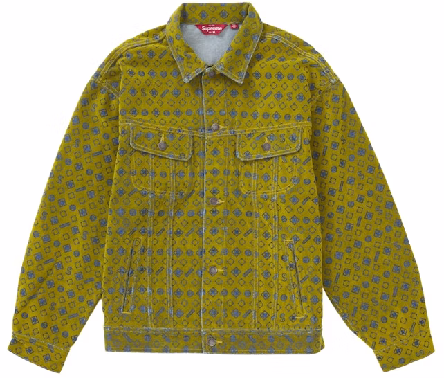 supreme-flocked-denim-trucker-jacket-mustard