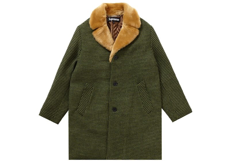 Supreme Fur Collar Car Coat Green Houndstooth