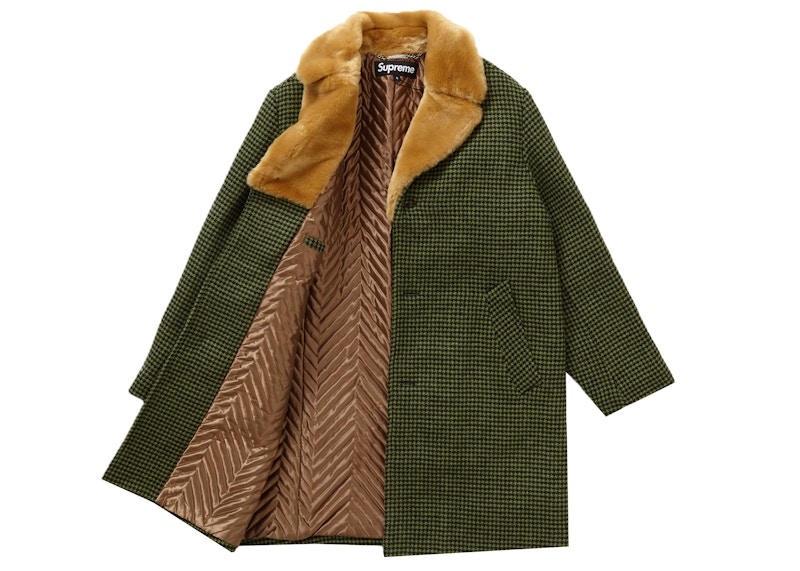 Order Supreme毛皮领绿色千鸟格汽车大衣