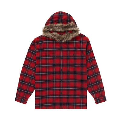 Supreme Fur Trim Flannel Hooded Shirt Red Plaid
