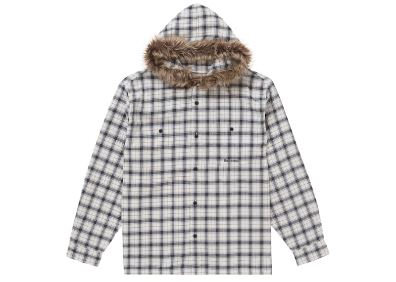 Supreme Fur Trim Flannel Hooded Shirt White Plaid