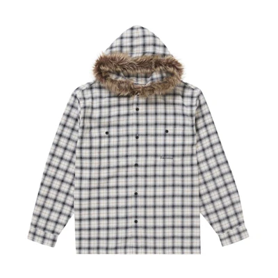 Supreme Fur Trim Flannel Hooded Shirt White Plaid
