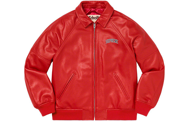 Supreme FW19 Week 1 x Martin Wong x Schott 8-Ball Leather Varsity Jacket Red. SUP-FW19-220