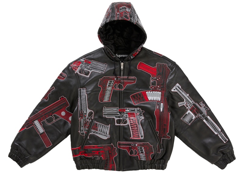 Supreme Guns Embroidered Hooded Leather Jacket Black