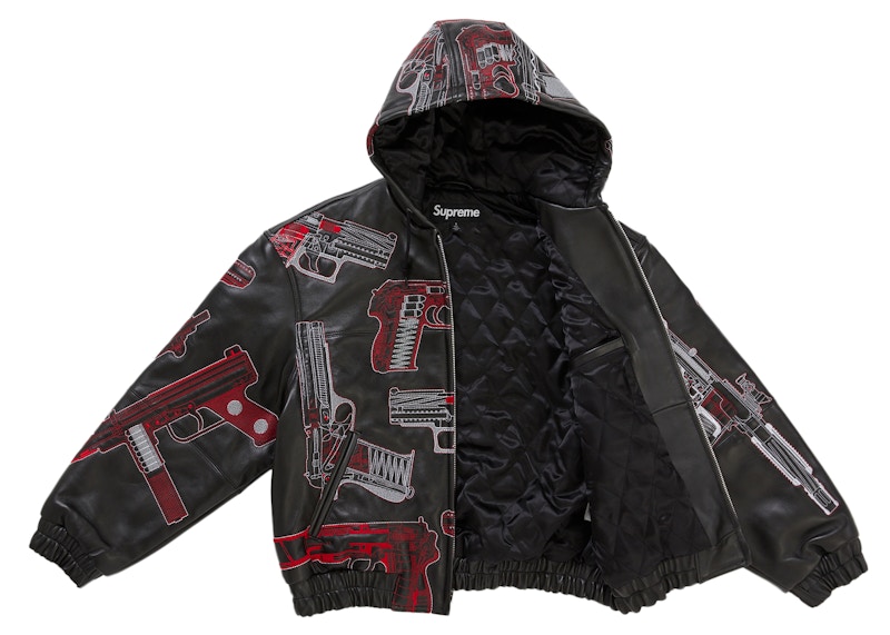 Order Chaqueta de Cuero Negra con Capucha y Bordado Guns Supreme