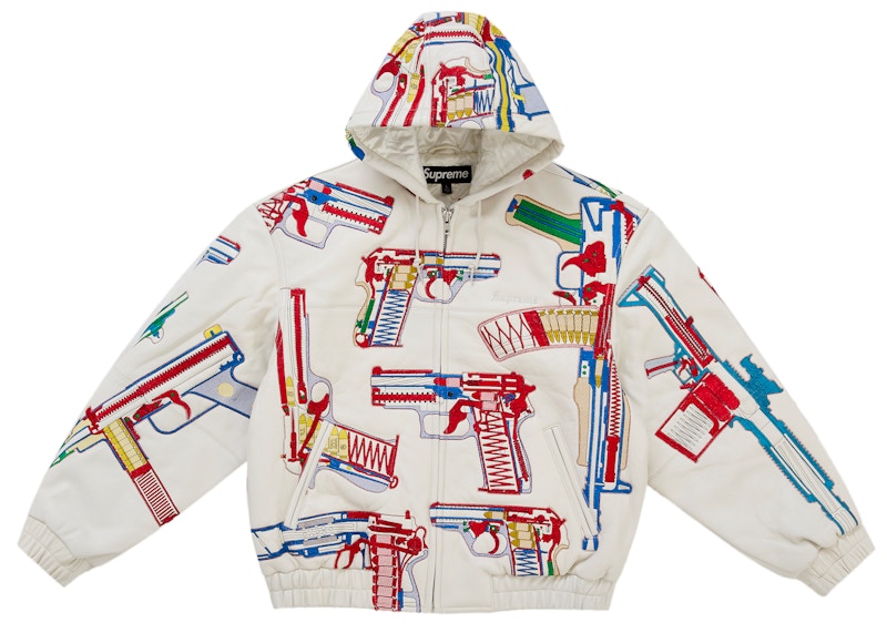 Supreme Guns Embroidered Hooded Leather Jacket White