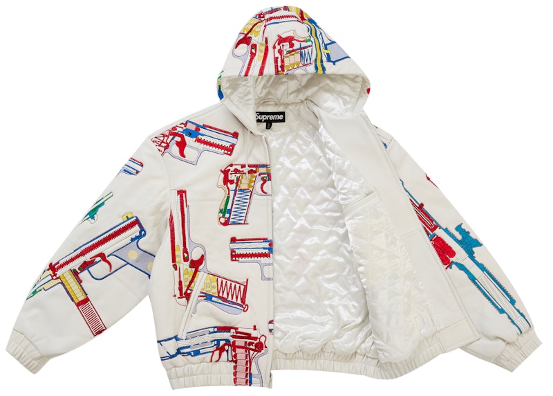 Order Supreme Guns Embroidered Hooded Leather Jacket White