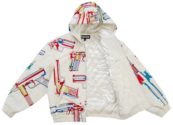 Supreme Guns Embroidered Hooded Leather Jacket White Order Supreme Guns Embroidered Hooded Leather Jacket White