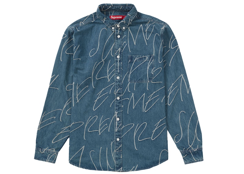 Supreme Handwriting Jacquard Denim Shirt Washed Indigo