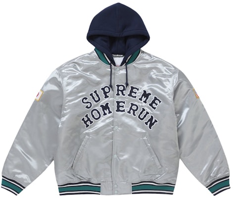 Supreme Homerun 缎面连帽银色棒球夹克 Buy Supreme Homerun 缎面连帽银色棒球夹克