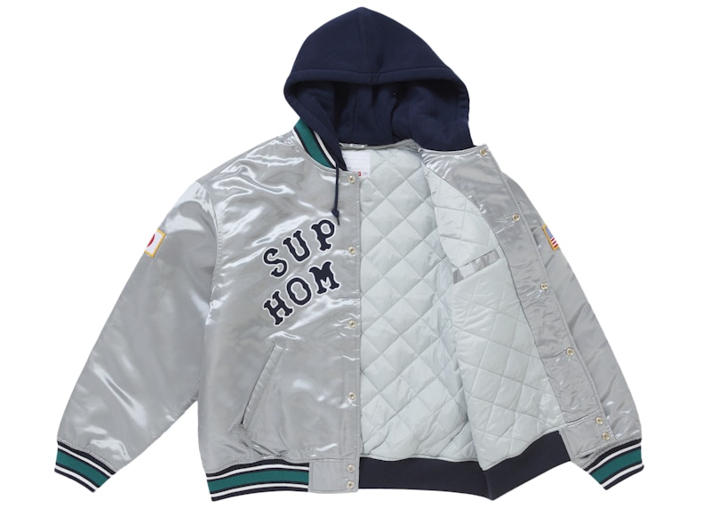 Order Supreme Homerun 缎面连帽银色棒球夹克