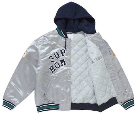 Supreme Homerun 缎面连帽银色棒球夹克 Order Supreme Homerun 缎面连帽银色棒球夹克
