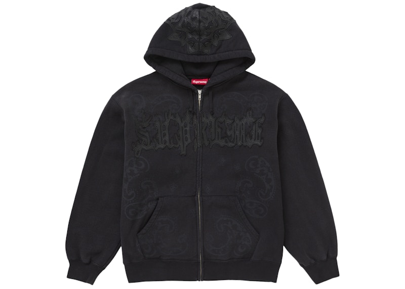 Supreme Leather Applique Zip Up Hooded Sweatshirt Black