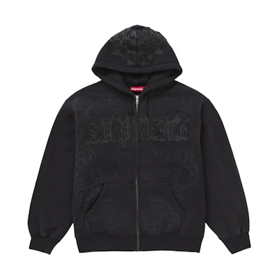 Supreme Leather Applique Zip Up Hooded Sweatshirt Black