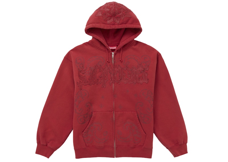Supreme Leather Applique Zip Up Hooded Sweatshirt Burnt Red