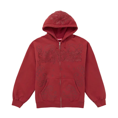 Supreme Leather Applique Zip Up Hooded Sweatshirt Burnt Red
