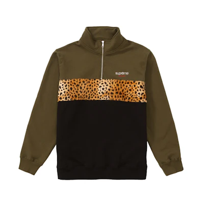 Supreme Leopard Panel Half Zip Sweatshirt Dark Olive