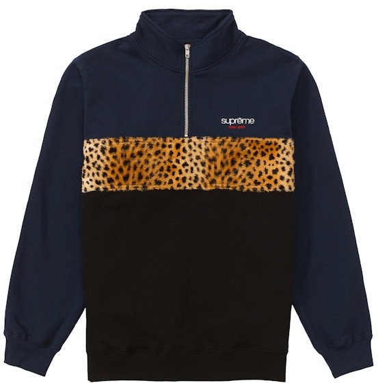 supreme-leopard-panel-half-zip-sweatshirt-navy