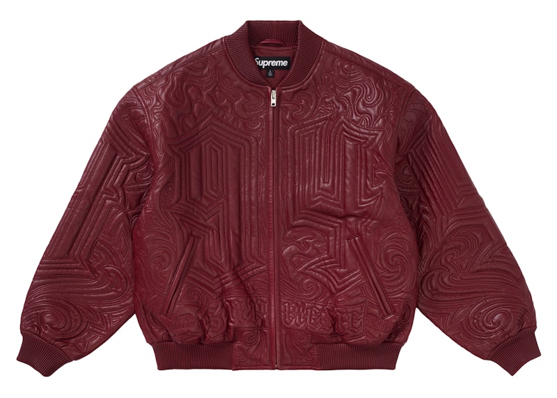 Supreme Mister Cartoon Embroidered Leather Jacket Burgundy