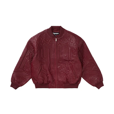 Supreme Mister Cartoon Embroidered Leather Jacket Burgundy