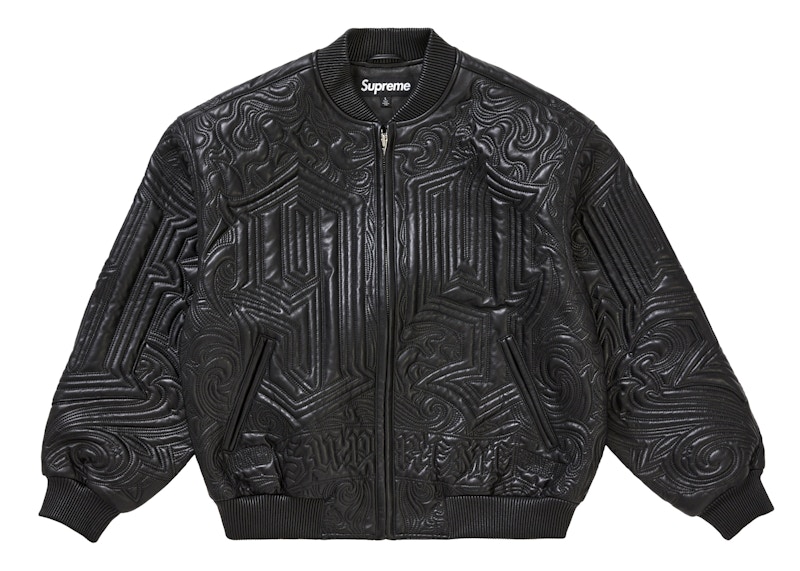 Supreme Mister Cartoon Embroidered Leather Jacket Black