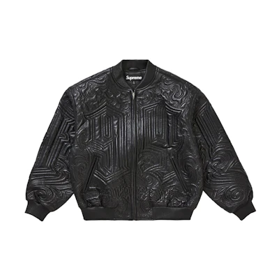Supreme Mister Cartoon Embroidered Leather Jacket Black