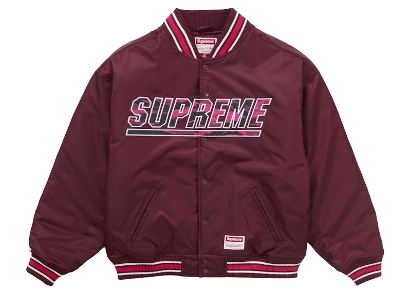 Supreme Mitchell & Ness Camo Logo Varsity Jacket Burgundy