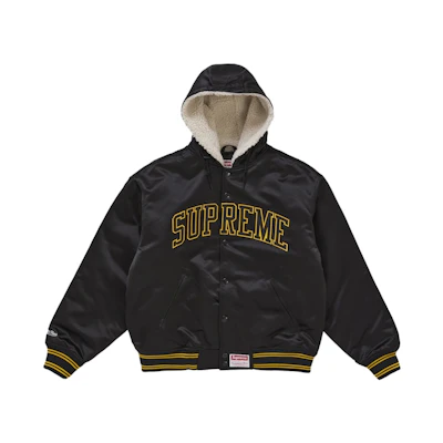 Supreme Mitchell & Ness Lined Hooded Satin Varsity Jacket Black