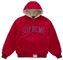 Supreme Mitchell & Ness Lined Hooded Satin Varsity Jacket Red Supreme Mitchell & Ness Lined Hooded Satin Varsity Jacket Red