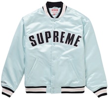 Supreme/Mitchell & Ness Satin Varsity Jacket Biru Muda Order Supreme/Mitchell & Ness Satin Varsity Jacket Biru Muda