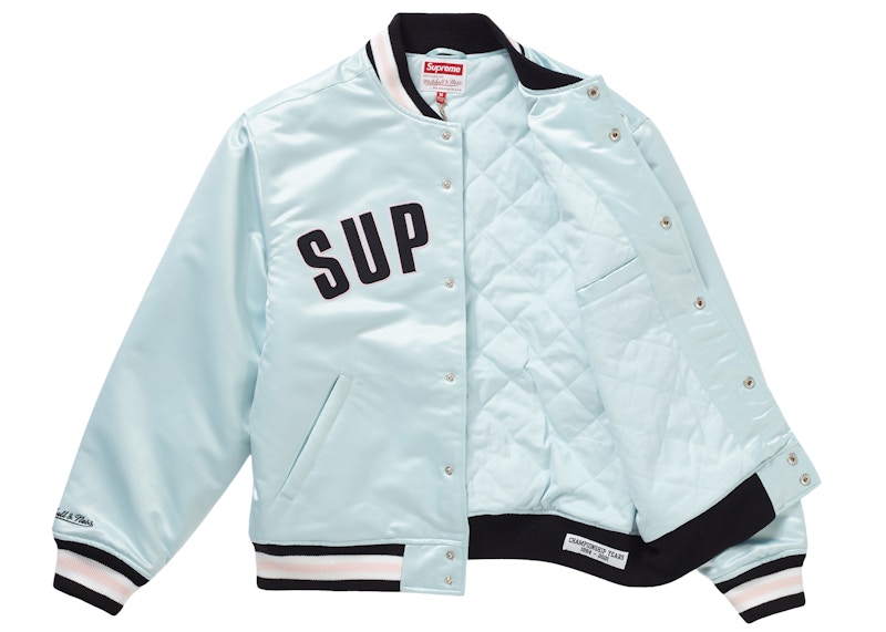 Lookbook Supreme/Mitchell & Ness Satin Varsity Jacket Biru Muda