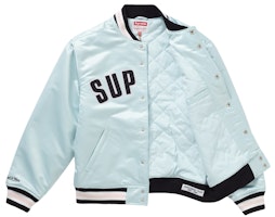 Supreme/Mitchell & Ness Satin Varsity Jacket Biru Muda Lookbook Supreme/Mitchell & Ness Satin Varsity Jacket Biru Muda