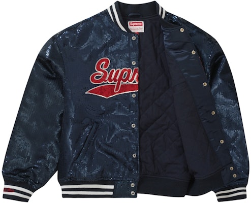 Jaket Supreme Mitchell & Ness Sequin Varsity Navy Order Jaket Supreme Mitchell & Ness Sequin Varsity Navy