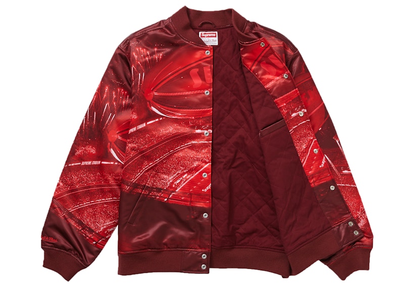 Order Supreme Mitchell & Ness Stadium Satin Varsity Jacket Merah