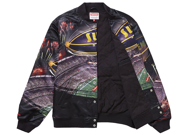 Order Supreme Mitchell & Ness Stadium Satin Varsity Jacket Hitam