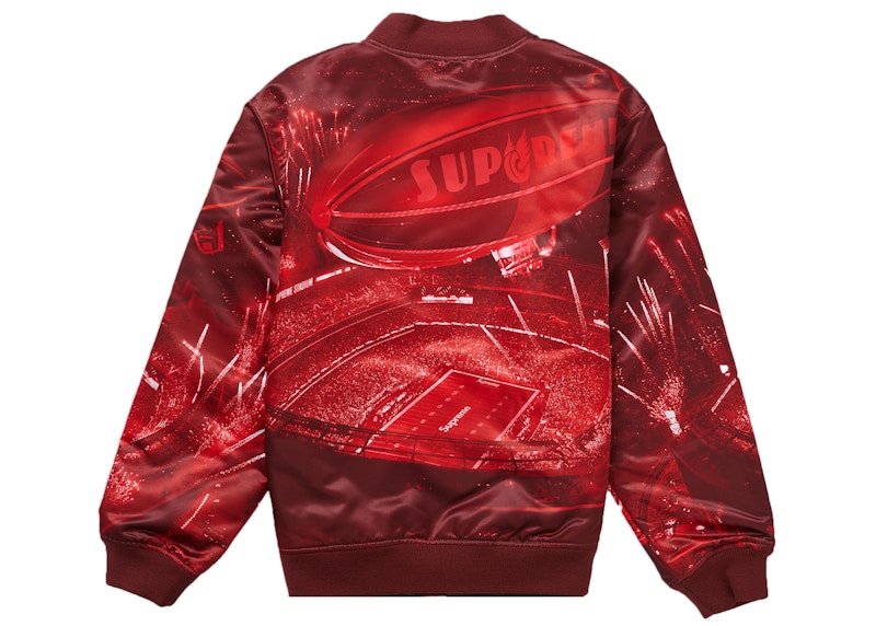 Lookbook Supreme Mitchell & Ness Stadium Satin Varsity Jacket Merah