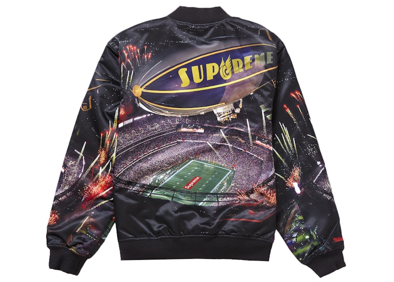 Lookbook Supreme Mitchell & Ness Stadium Satin Varsity Jacket Hitam
