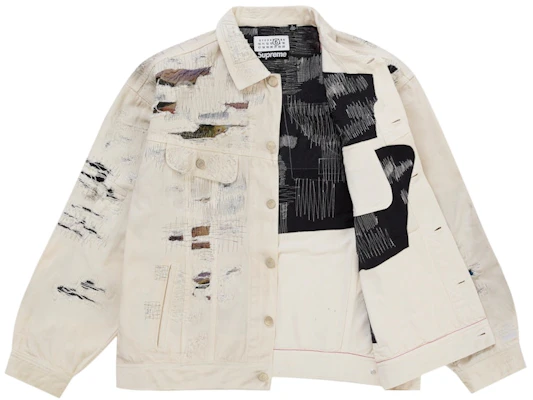 Supreme MM6 Maison Margiela Distressed Selvedge Denim Trucker Jacket White Order Supreme MM6 Maison Margiela Distressed Selvedge Denim Trucker Jacket White
