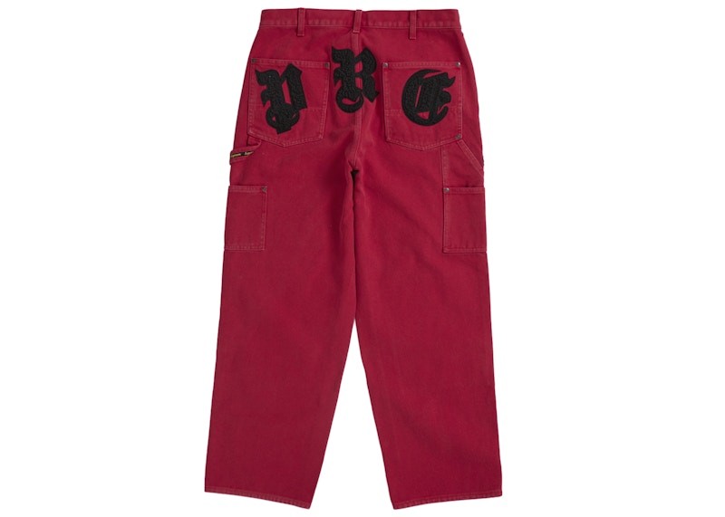 Order Supreme 红色旧英文字母双膝画家工装裤