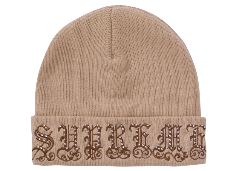 Supreme Old English Rhinestone Beanie Tan