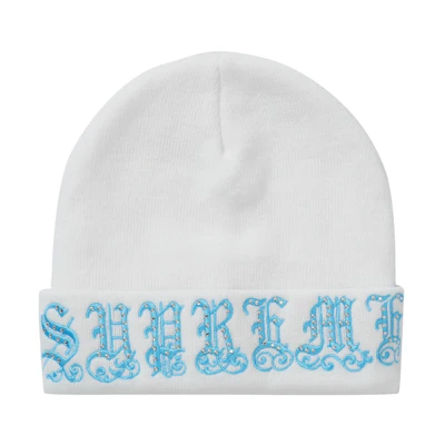 Supreme Old English Rhinestone Beanie White