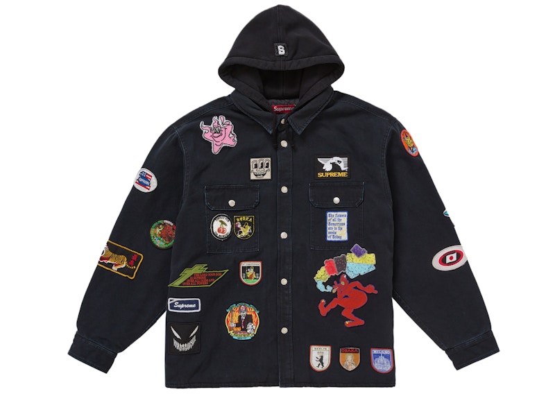 Supreme Patches Hooded Zip Up Shirt Black