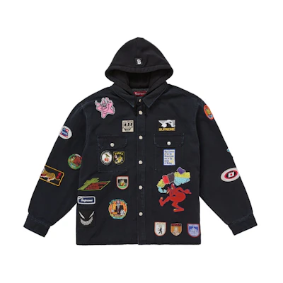 Supreme Patches Hooded Zip Up Shirt Black