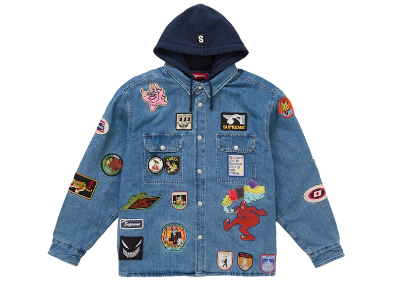 Supreme Patches Hooded Zip Up Shirt Denim