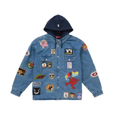 Supreme Patches Hooded Zip Up Shirt Denim
