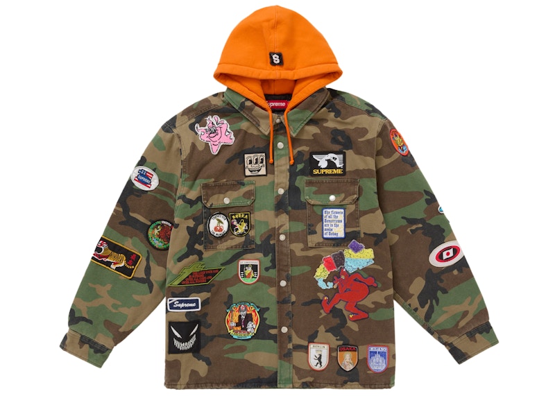 Supreme Patches Hooded Zip Up Shirt Woodland Camo