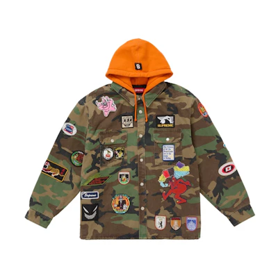 Supreme Patches Hooded Zip Up Shirt Woodland Camo
